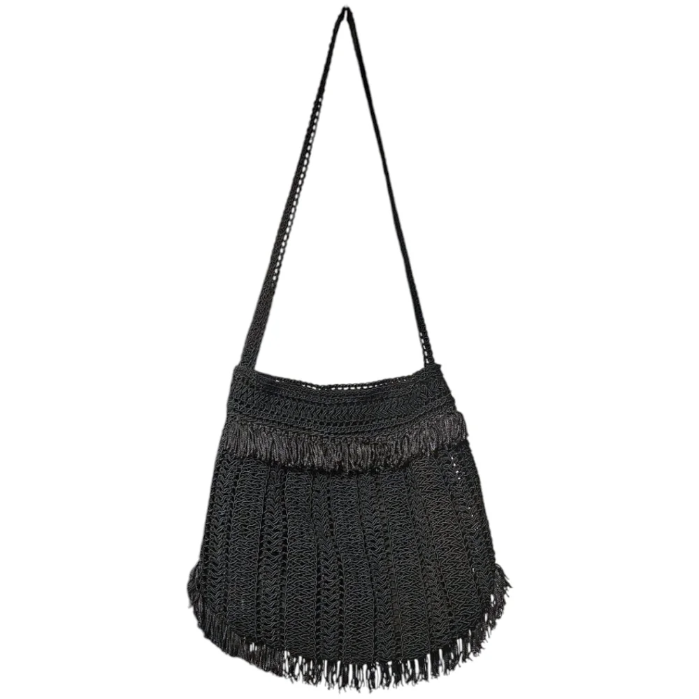 VTG Black Crochet Purse Handmade Fringe Festival Bag Boho Chic